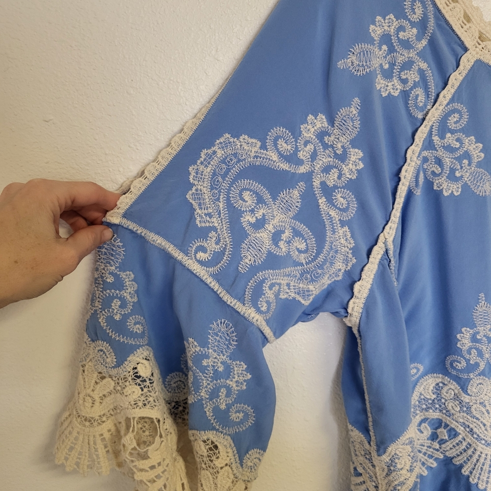 Democracy Sky Blue and Cream Embroidered Blouse - Picture 3 of 6